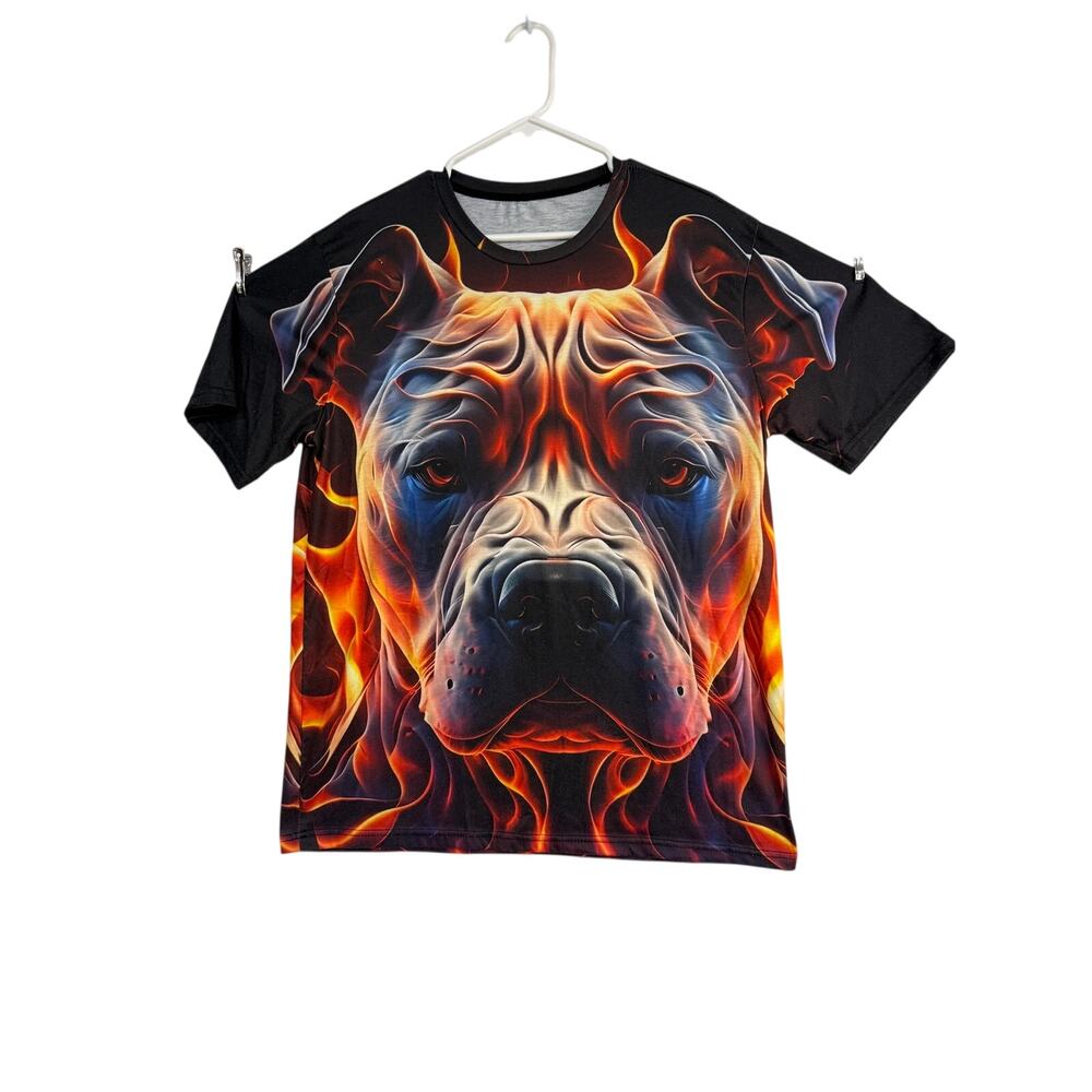 3D Pit Bull Flames All Over Print Graphic T-Shirt‎ Black XL Dog Novelty